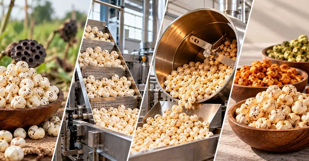 End-to-End Foxnut Sieving, Thermal Roasting & Culinary Enrobing